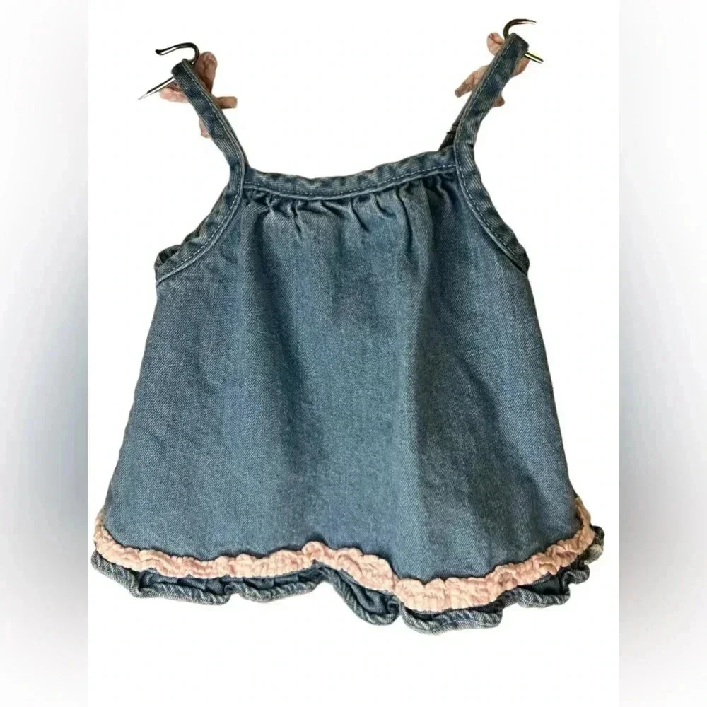 Vintage cradle togs denim  dress 18M gingham heart flower appliqué ruffle girls - Picture 2 of 10